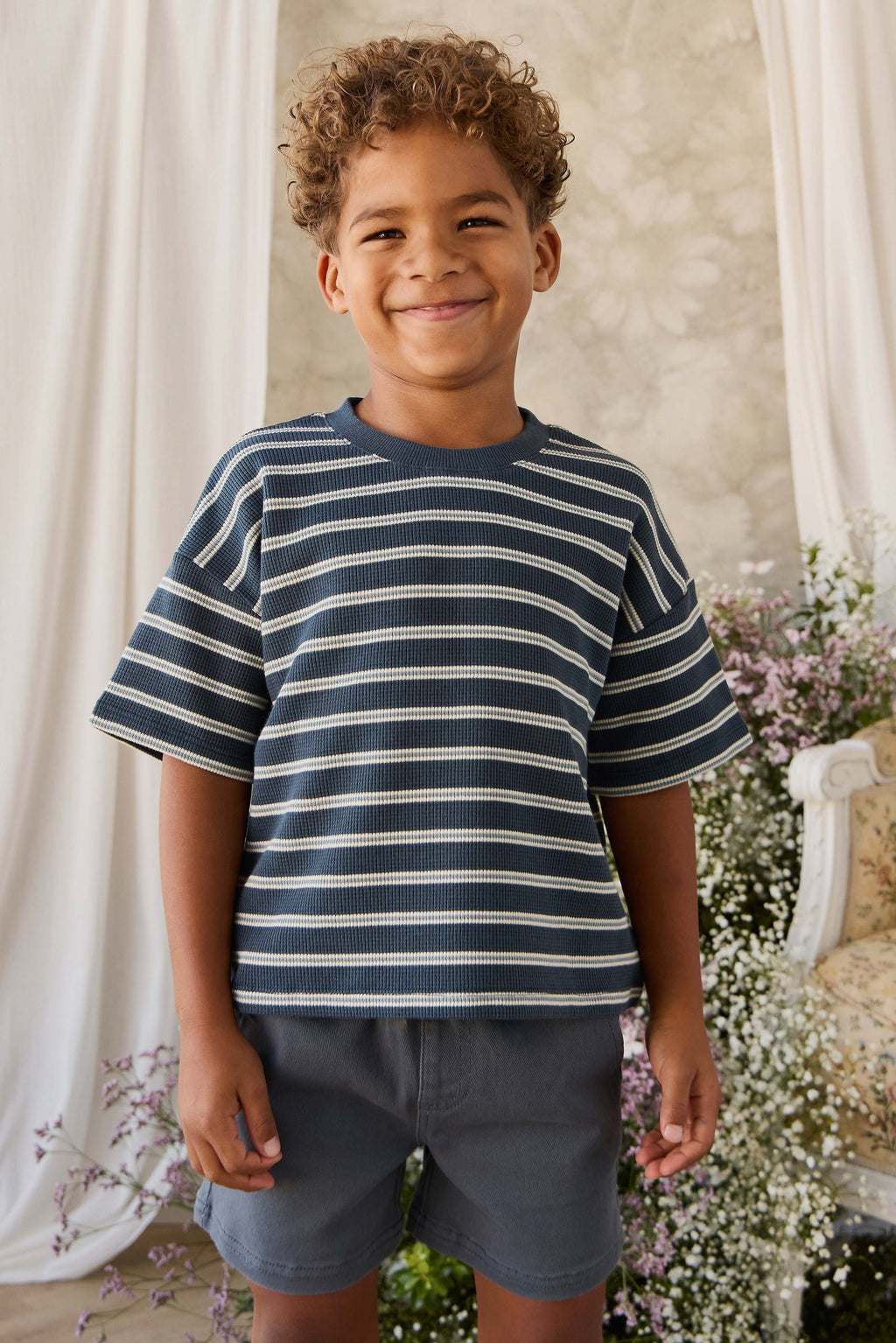 Organic Cotton Waffle Leith Tee - Dreamer Stripe Captain
