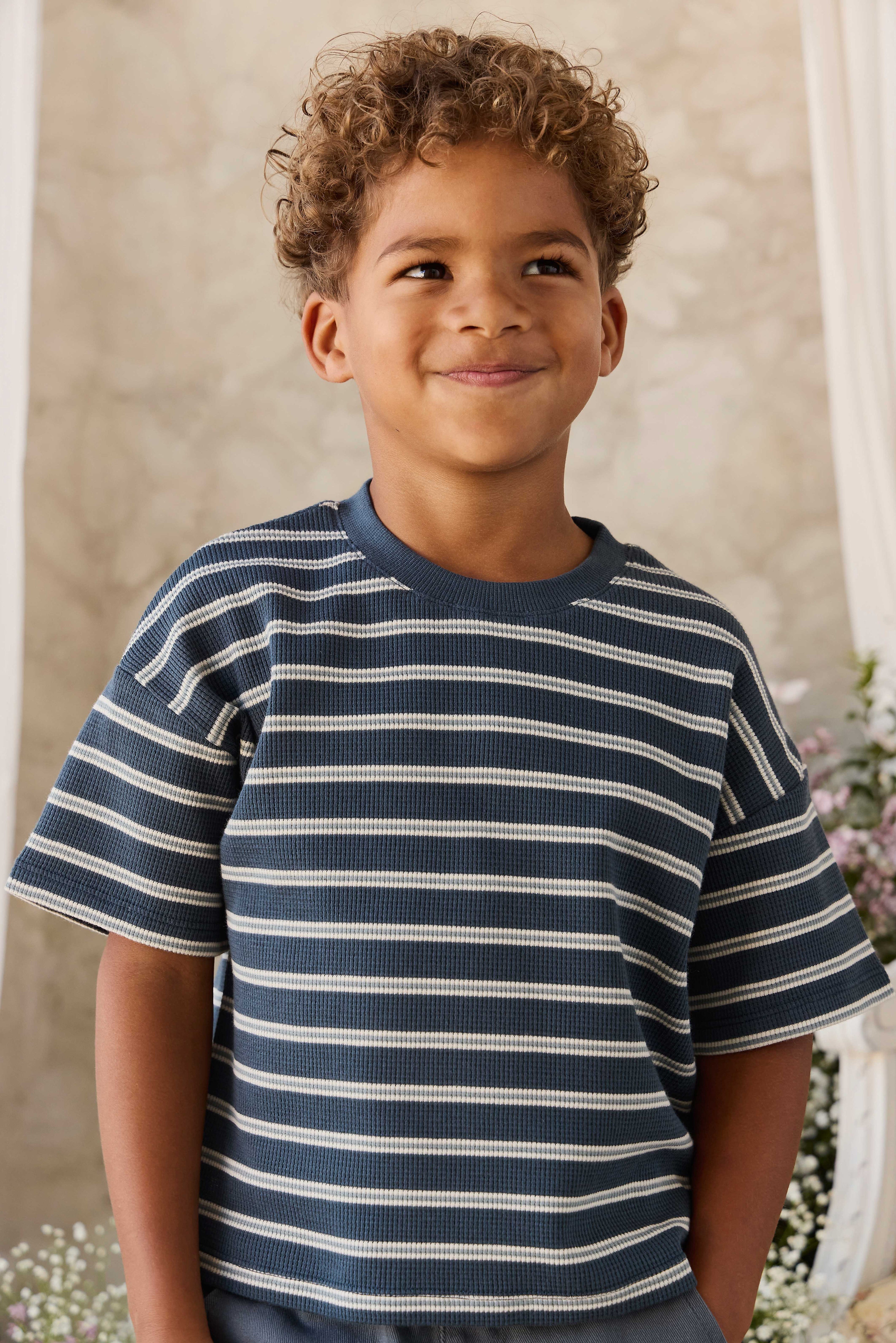 Organic Cotton Waffle Leith Tee - Dreamer Stripe Captain