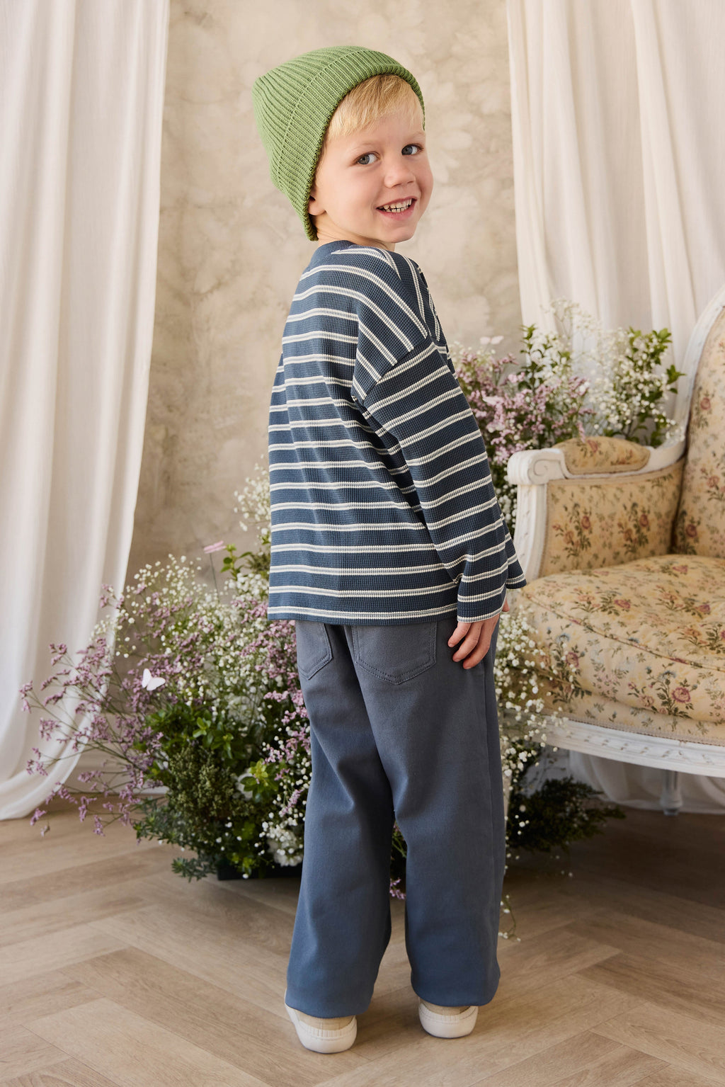 Organic Cotton Waffle Leith Long Sleeve Top - Dreamer Stripe Captain