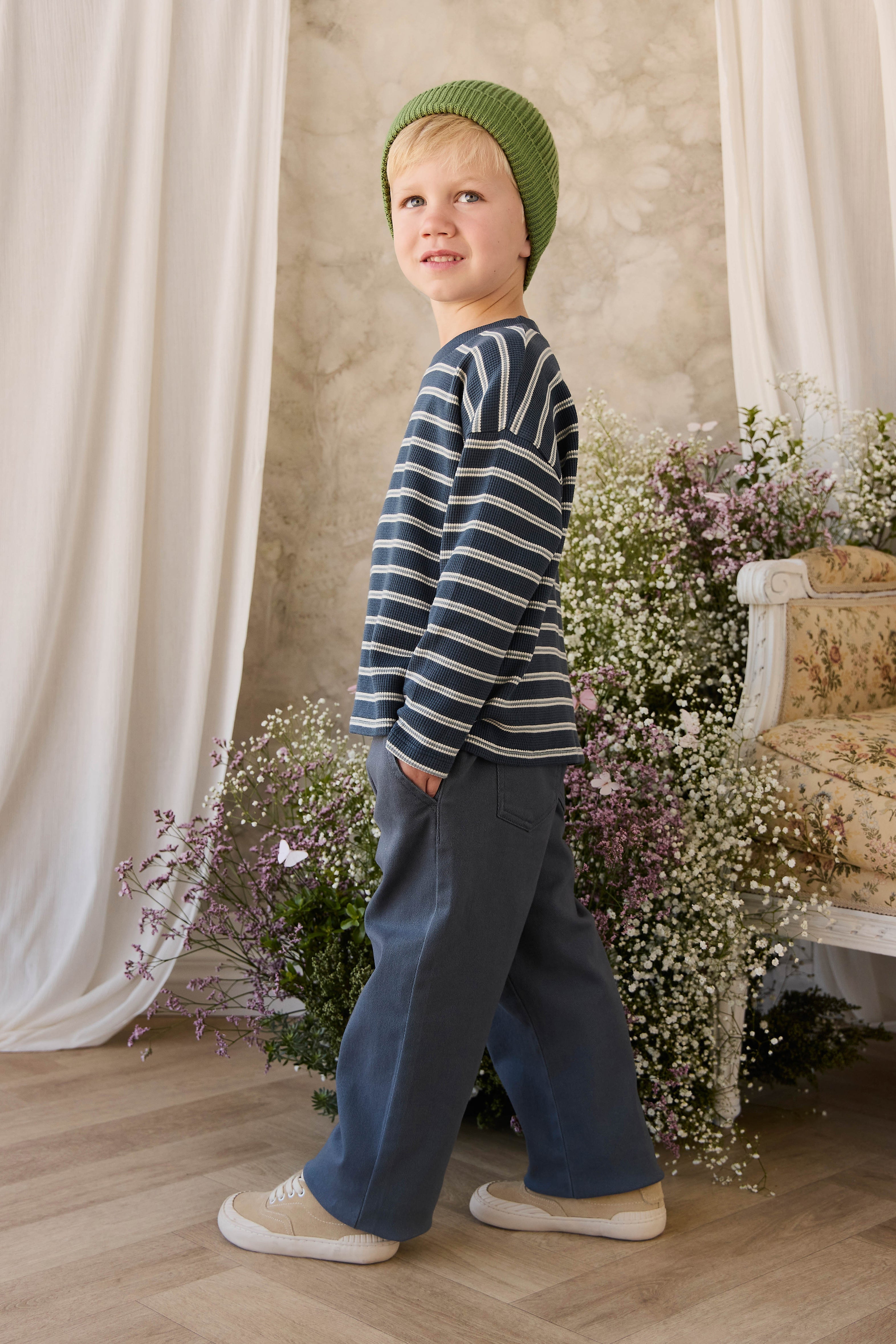 Organic Cotton Waffle Leith Long Sleeve Top - Dreamer Stripe Captain